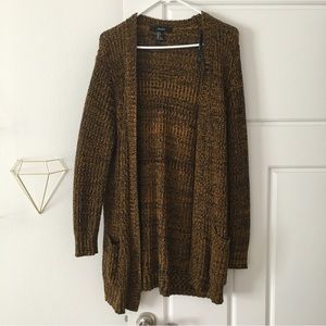 Long grandpa cardigan with pockets, orange and black fall sweater
